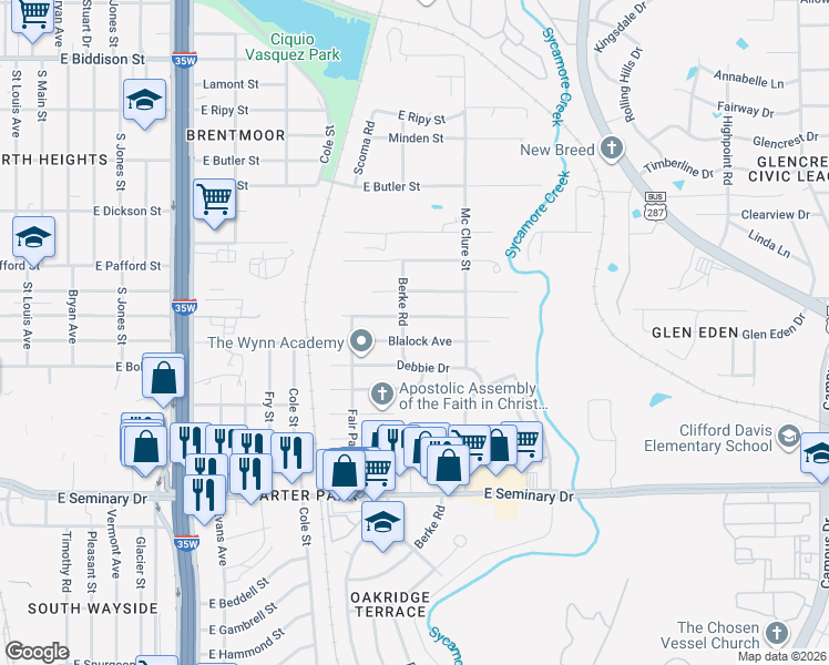 map of restaurants, bars, coffee shops, grocery stores, and more near 1221 Blalock Avenue in Fort Worth
