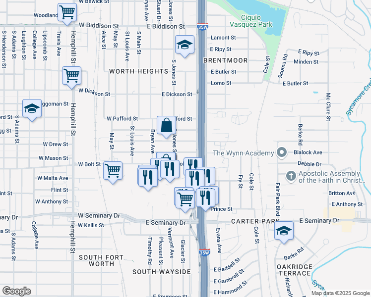 map of restaurants, bars, coffee shops, grocery stores, and more near 605 East Mason Street in Fort Worth