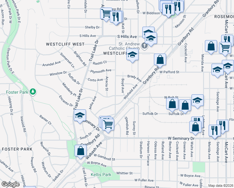 map of restaurants, bars, coffee shops, grocery stores, and more near 3467 Suffolk Drive in Fort Worth