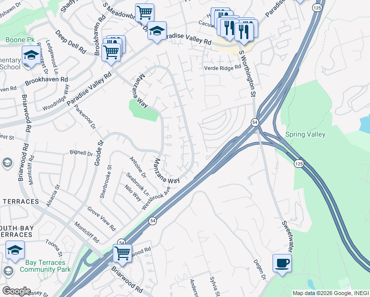 map of restaurants, bars, coffee shops, grocery stores, and more near 2073 Manzana Way in San Diego
