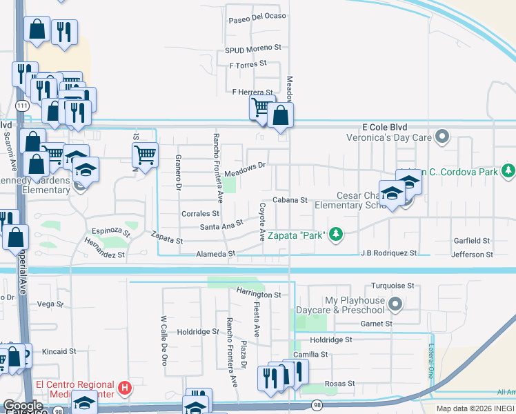 map of restaurants, bars, coffee shops, grocery stores, and more near 2125 Coyote Avenue in Calexico