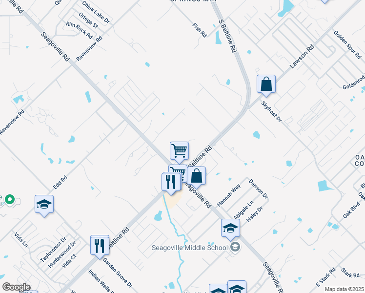 map of restaurants, bars, coffee shops, grocery stores, and more near 15029 Seagoville Road in Dallas