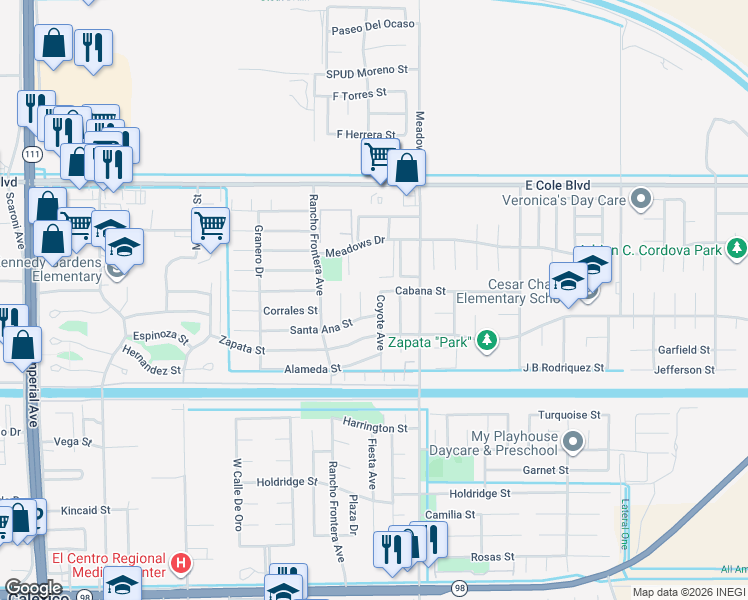 map of restaurants, bars, coffee shops, grocery stores, and more near 2125 Coyote Avenue in Calexico