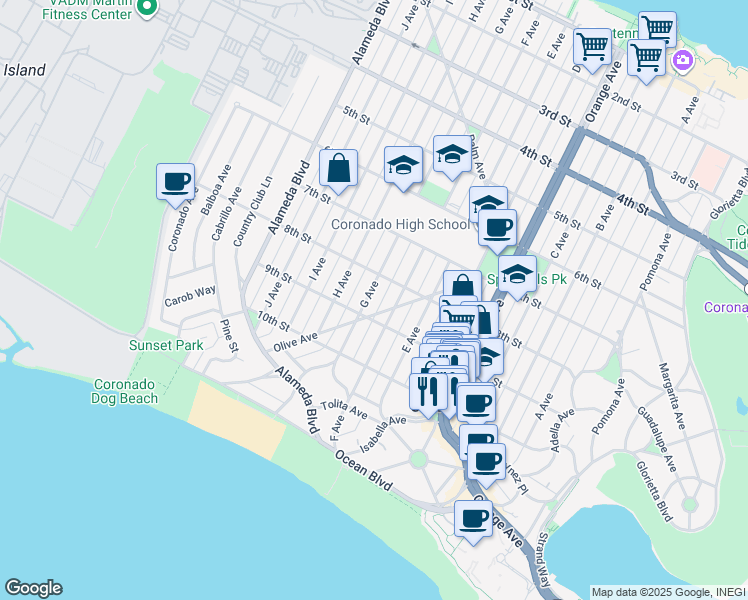 map of restaurants, bars, coffee shops, grocery stores, and more near 847 G Avenue in Coronado