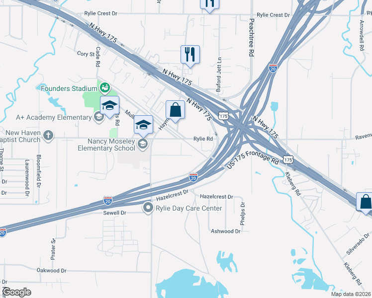 map of restaurants, bars, coffee shops, grocery stores, and more near 10600 Rylie Road in Dallas