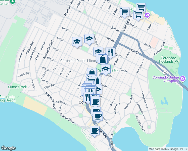 map of restaurants, bars, coffee shops, grocery stores, and more near 747 D Avenue in Coronado