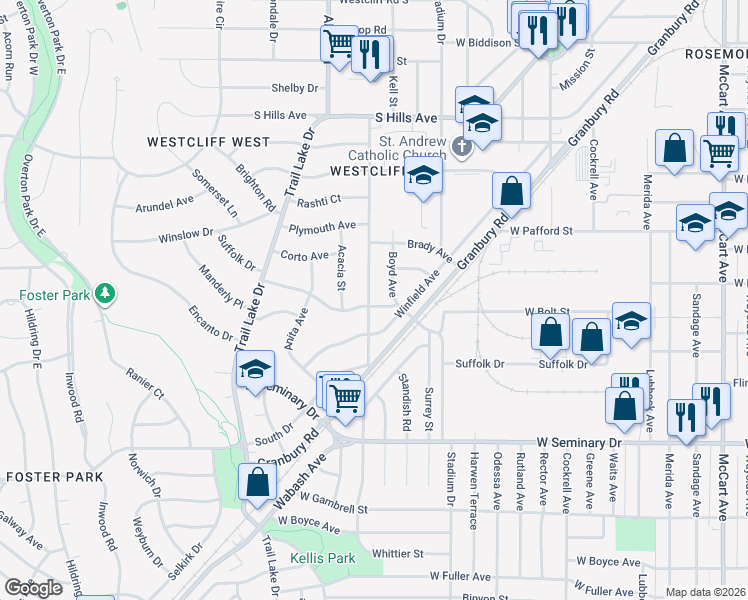 map of restaurants, bars, coffee shops, grocery stores, and more near 3467 Suffolk Drive in Fort Worth