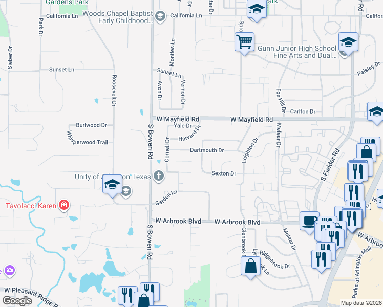 map of restaurants, bars, coffee shops, grocery stores, and more near 2303 Vassar Court in Arlington