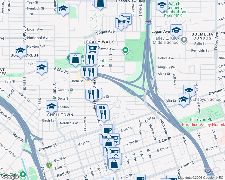 map of restaurants, bars, coffee shops, grocery stores, and more near 4402 Delta Street in San Diego