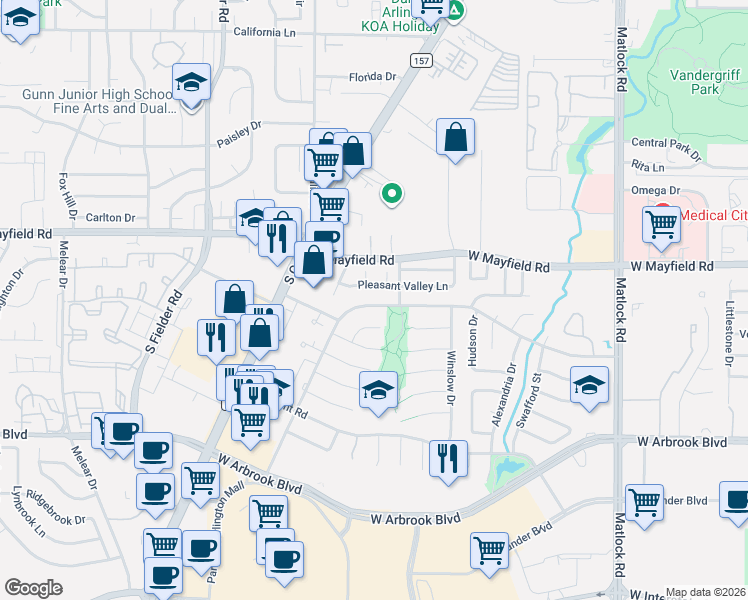 map of restaurants, bars, coffee shops, grocery stores, and more near 1104 Waverly Drive in Arlington