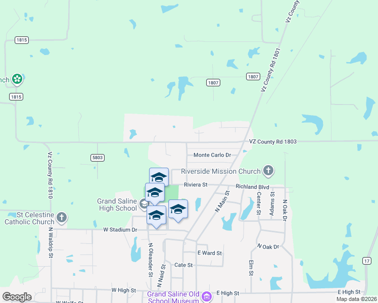 map of restaurants, bars, coffee shops, grocery stores, and more near 1705 Malibu Lane in Grand Saline
