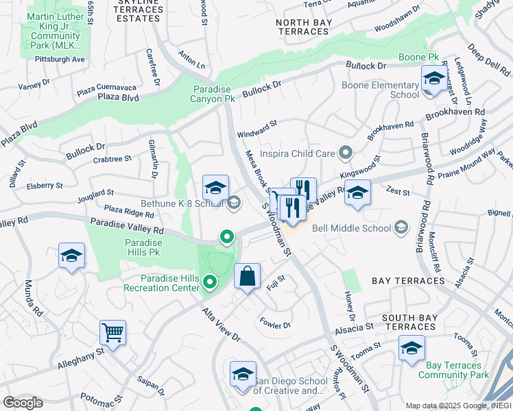 map of restaurants, bars, coffee shops, grocery stores, and more near 1140 South Woodman Street in San Diego
