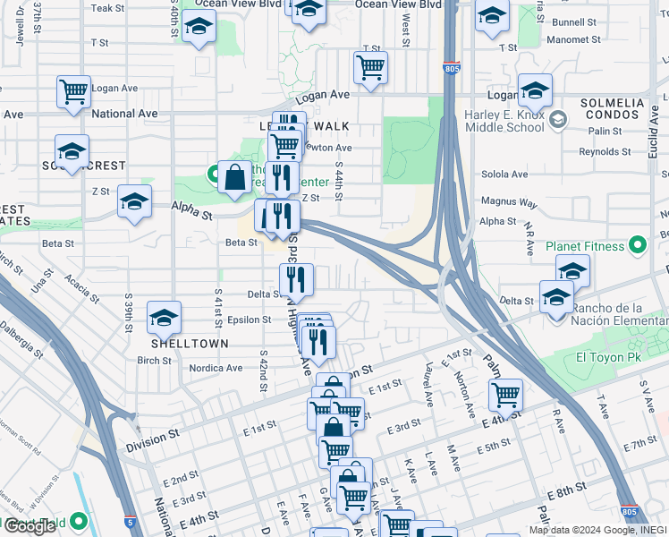 map of restaurants, bars, coffee shops, grocery stores, and more near 4390 Delta Street in San Diego