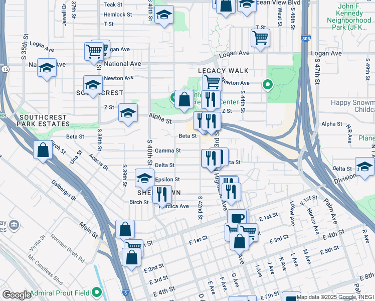 map of restaurants, bars, coffee shops, grocery stores, and more near 4143 Gamma Street in San Diego