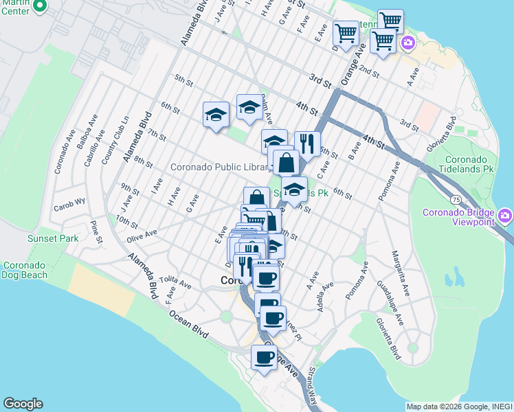map of restaurants, bars, coffee shops, grocery stores, and more near 761 D Avenue in Coronado