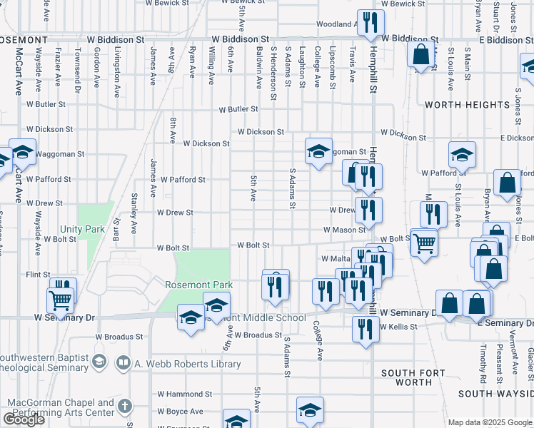 map of restaurants, bars, coffee shops, grocery stores, and more near 1200 West Mason Street in Fort Worth