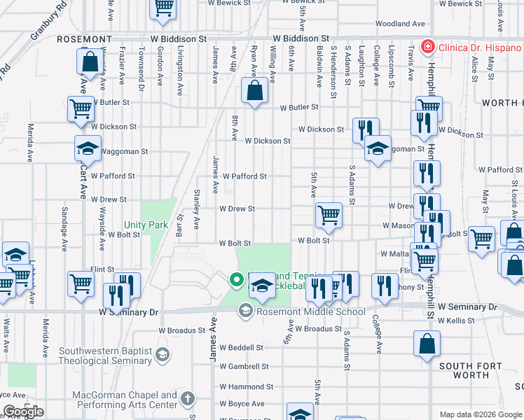 map of restaurants, bars, coffee shops, grocery stores, and more near 4009 Ryan Avenue in Fort Worth