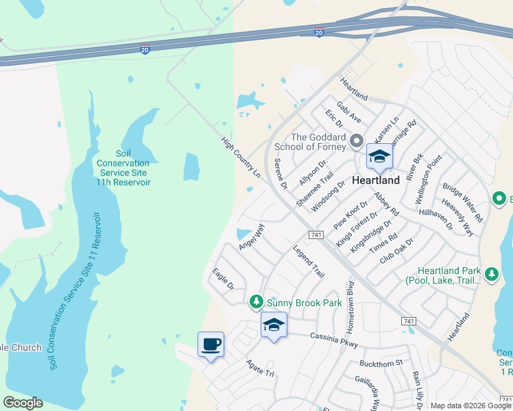map of restaurants, bars, coffee shops, grocery stores, and more near 2010 Kickapoo Trail in Heartland