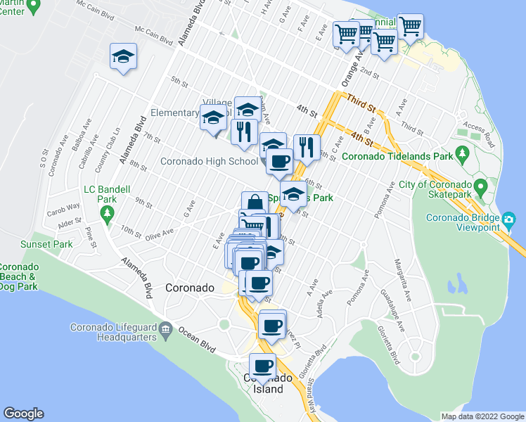 map of restaurants, bars, coffee shops, grocery stores, and more near 761 D Avenue in Coronado