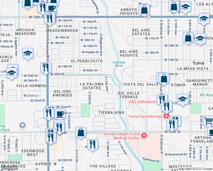 map of restaurants, bars, coffee shops, grocery stores, and more near 2198 Citrus Loop in Yuma