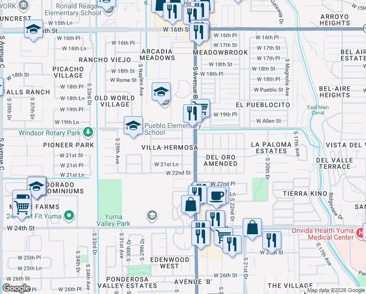 map of restaurants, bars, coffee shops, grocery stores, and more near 2513 W 21st St in Yuma