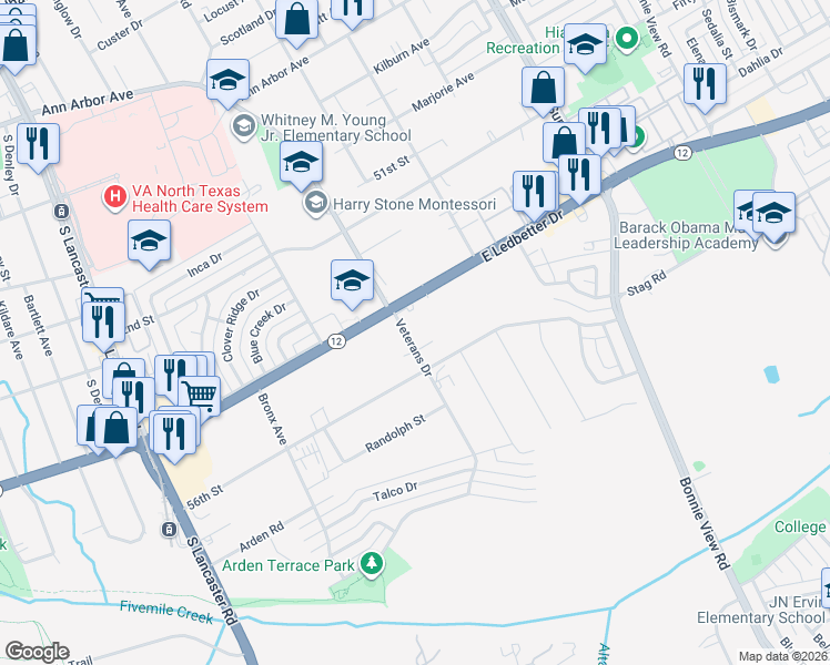map of restaurants, bars, coffee shops, grocery stores, and more near 4927 Veterans Drive in Dallas