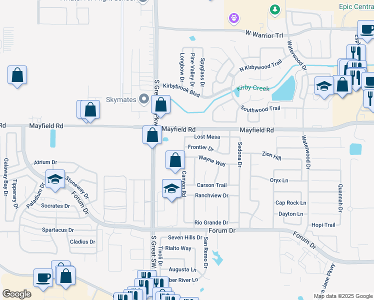 map of restaurants, bars, coffee shops, grocery stores, and more near 2508 Wayne Way in Grand Prairie