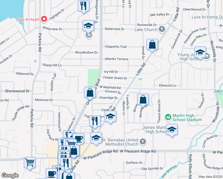 map of restaurants, bars, coffee shops, grocery stores, and more near 5416 Grissom Drive in Arlington