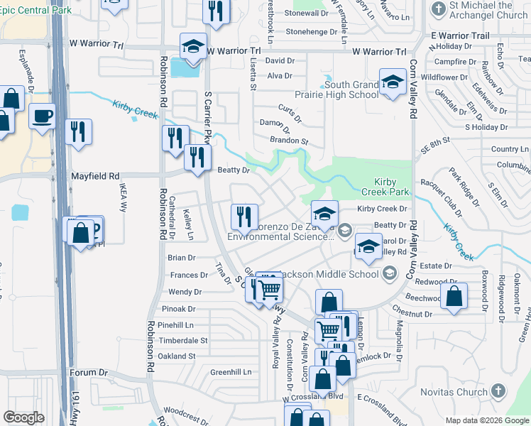 map of restaurants, bars, coffee shops, grocery stores, and more near 528 Woodacre Drive in Grand Prairie