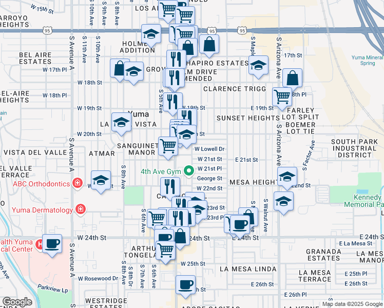 map of restaurants, bars, coffee shops, grocery stores, and more near 2098 South 3rd Avenue in Yuma