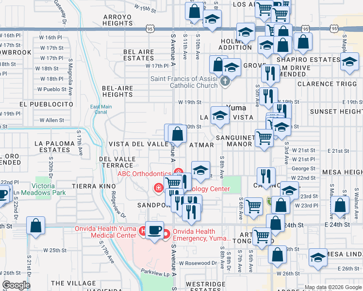 map of restaurants, bars, coffee shops, grocery stores, and more near 2059 South Avenue A in Yuma