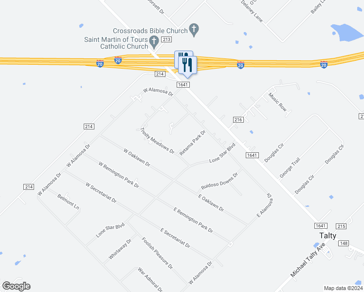 map of restaurants, bars, coffee shops, grocery stores, and more near 1150 Retama Park Drive in Terrell