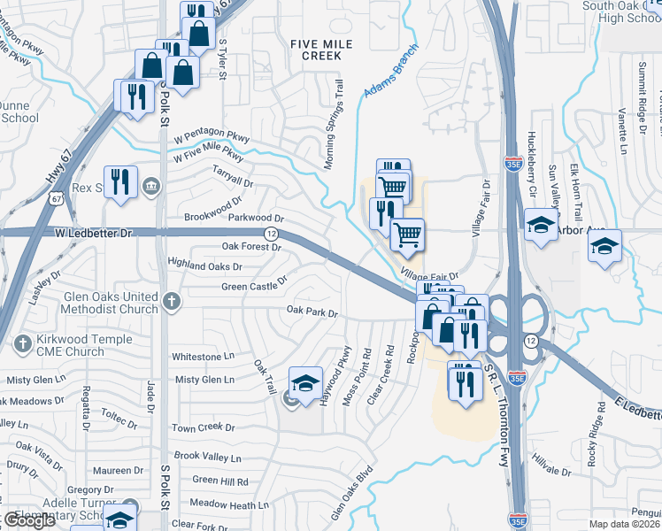 map of restaurants, bars, coffee shops, grocery stores, and more near 626 Green Castle Drive in Dallas