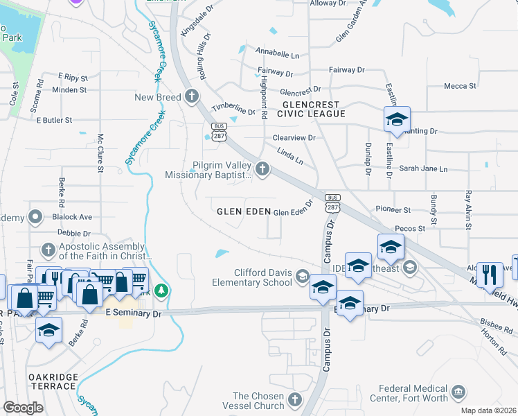 map of restaurants, bars, coffee shops, grocery stores, and more near 5036 Glen Eden Drive in Fort Worth
