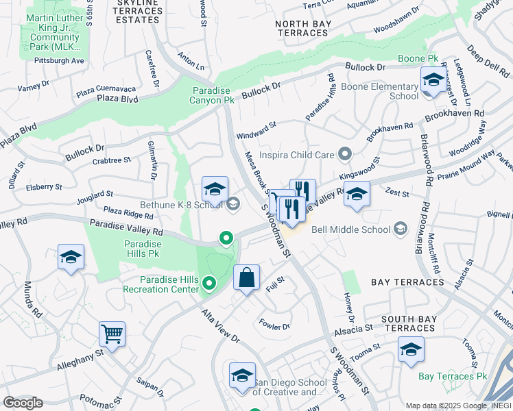 map of restaurants, bars, coffee shops, grocery stores, and more near 1140 South Woodman Street in San Diego