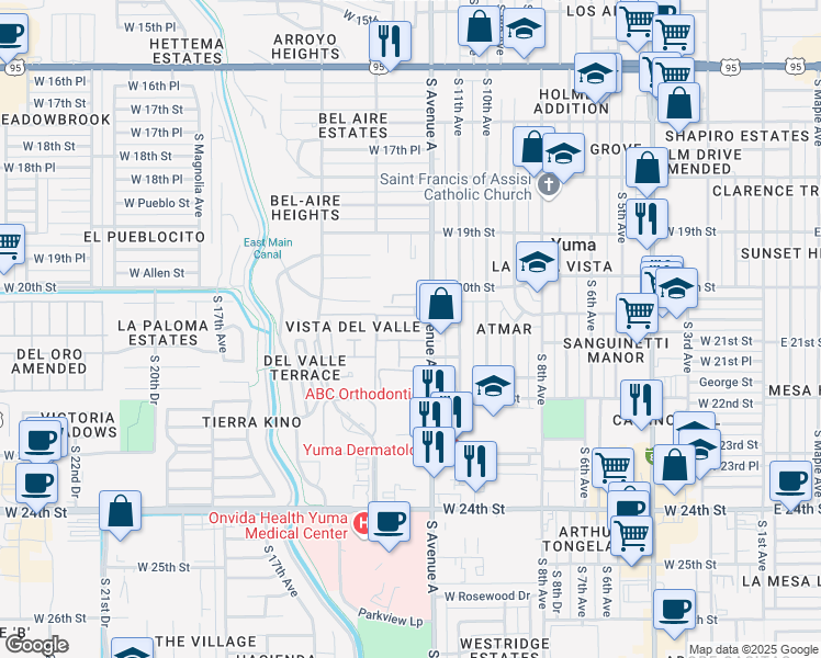 map of restaurants, bars, coffee shops, grocery stores, and more near 1253 West 20th Place in Yuma