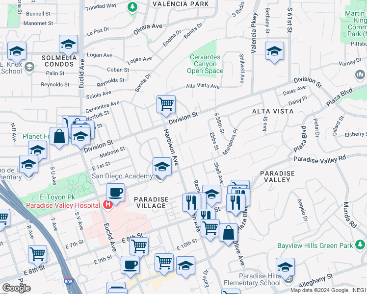 map of restaurants, bars, coffee shops, grocery stores, and more near 3120 East 2nd Street in National City