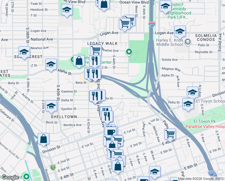map of restaurants, bars, coffee shops, grocery stores, and more near 4390 Delta Street in San Diego