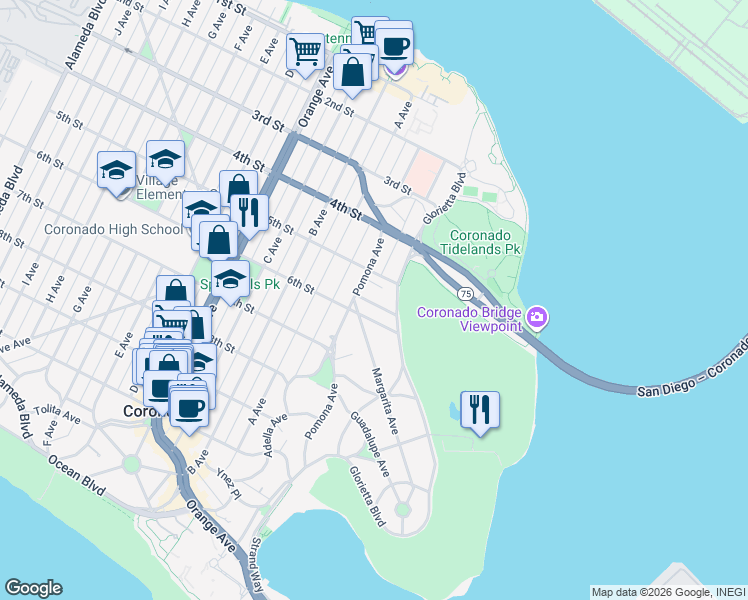 map of restaurants, bars, coffee shops, grocery stores, and more near 1603 6th Street in Coronado