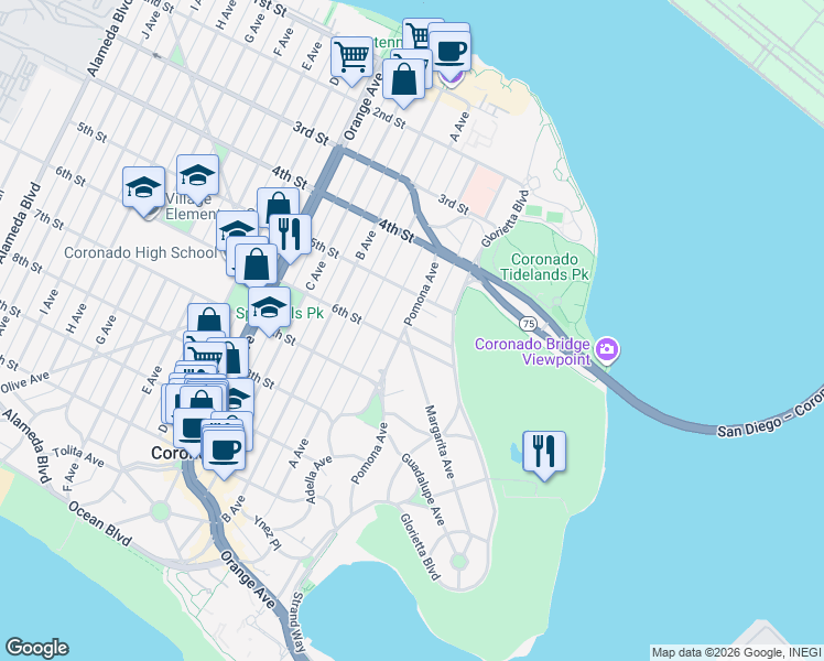map of restaurants, bars, coffee shops, grocery stores, and more near 1603 6th Street in Coronado
