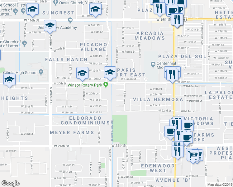 map of restaurants, bars, coffee shops, grocery stores, and more near 2958 West 21st Street in Yuma