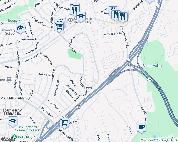 map of restaurants, bars, coffee shops, grocery stores, and more near 1537 Manzana Way in San Diego