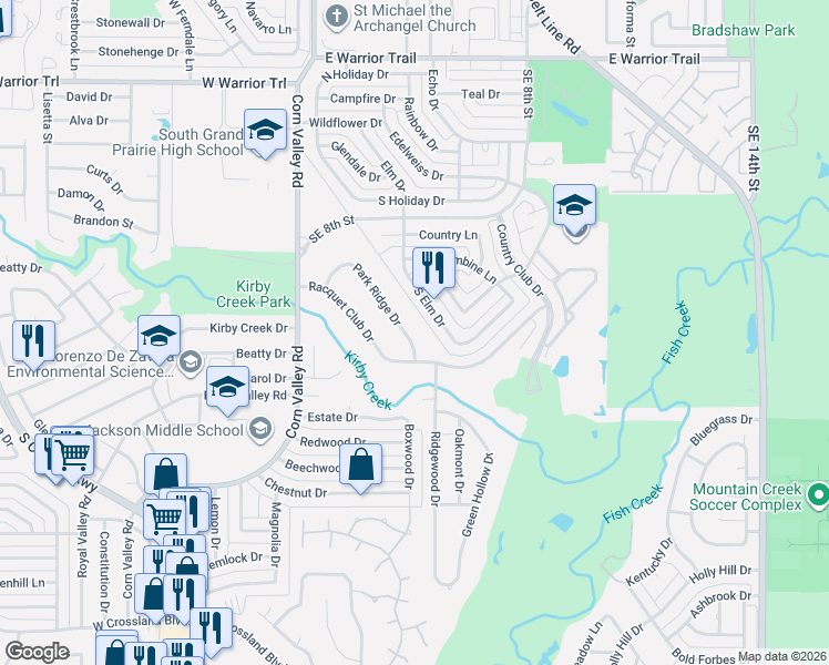 map of restaurants, bars, coffee shops, grocery stores, and more near 914 Park Ridge Drive in Grand Prairie