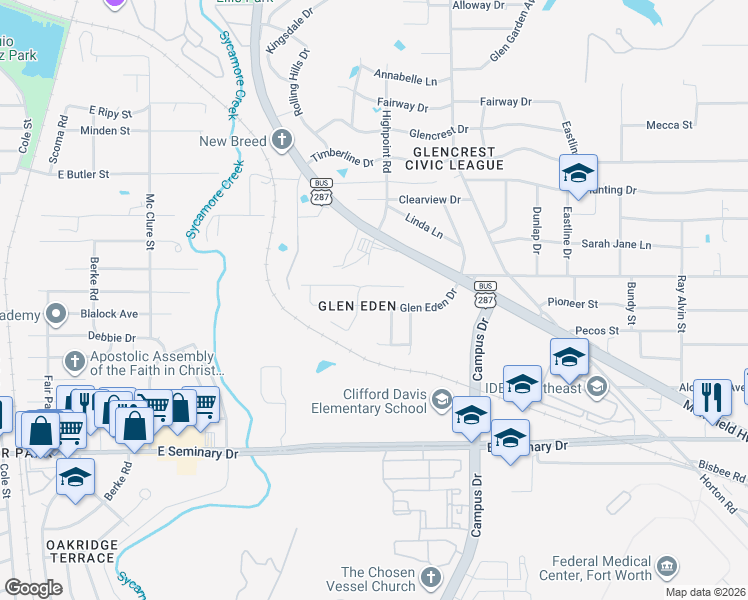 map of restaurants, bars, coffee shops, grocery stores, and more near 5040 Glen Eden Drive in Fort Worth