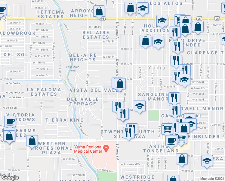 map of restaurants, bars, coffee shops, grocery stores, and more near 1244 West 20th Place in Yuma