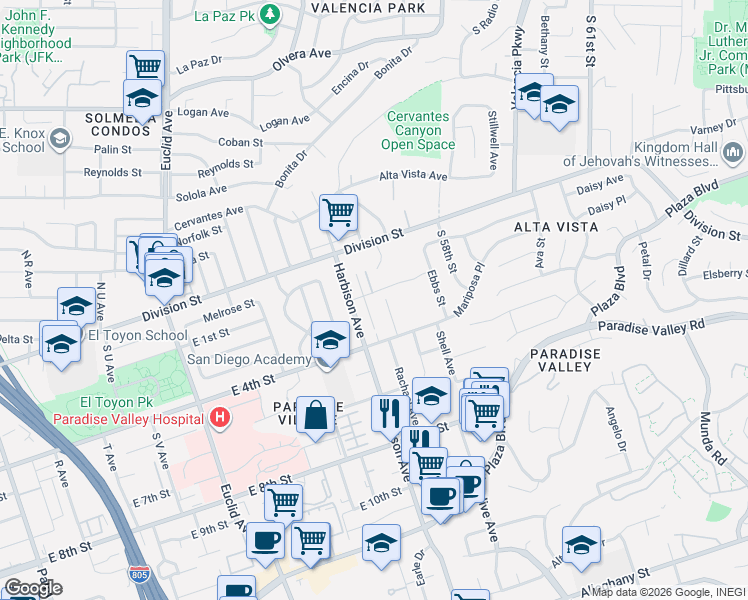 map of restaurants, bars, coffee shops, grocery stores, and more near 3140 East 2nd Street in National City