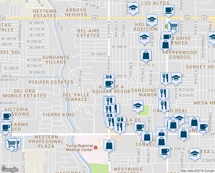 map of restaurants, bars, coffee shops, grocery stores, and more near 1200 West 20th Place in Yuma