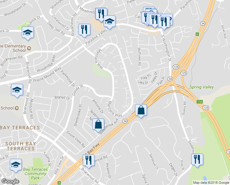 map of restaurants, bars, coffee shops, grocery stores, and more near 1585 Manzana Way in San Diego