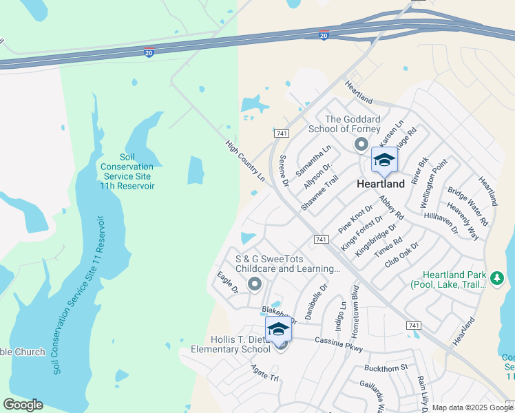 map of restaurants, bars, coffee shops, grocery stores, and more near 2012 Kickapoo Trail in Forney