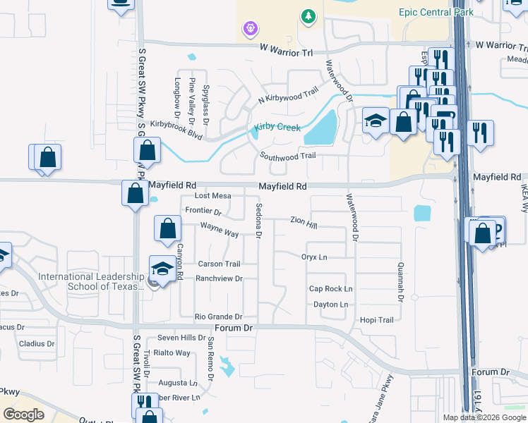 map of restaurants, bars, coffee shops, grocery stores, and more near 3324 Sedona Drive in Grand Prairie